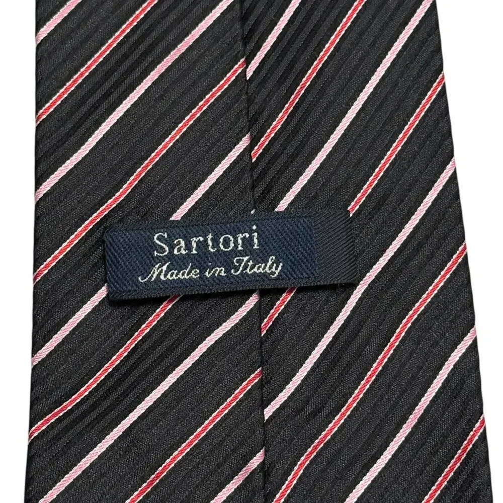Sartori Silk Tie Necktie Diagonal Stripes Jacquard Italy Career Formal Black Red